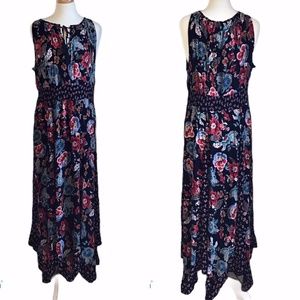 Navy Blue Floral Maxi Dress Tie Keyhole Neck XL
